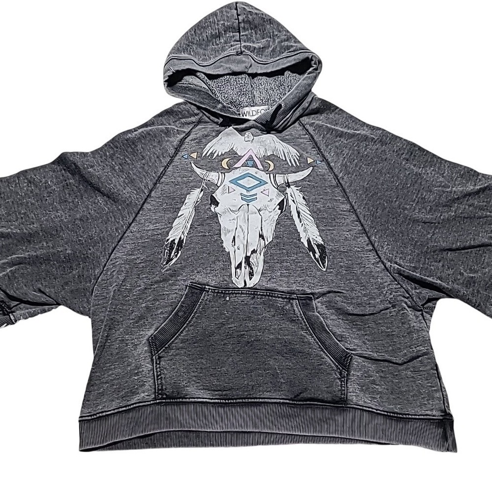 Wildfox Womens XS Grey Acid Wash Steer Skull Graphic‎ Short Sleeve Hoodie Boho